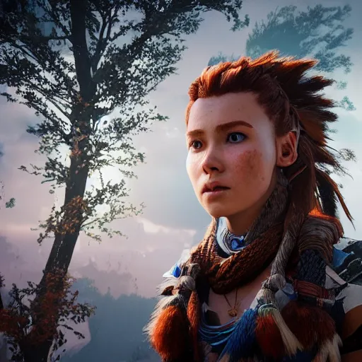 Image similar to Aloy (Horizon Zero Dawn), octane render