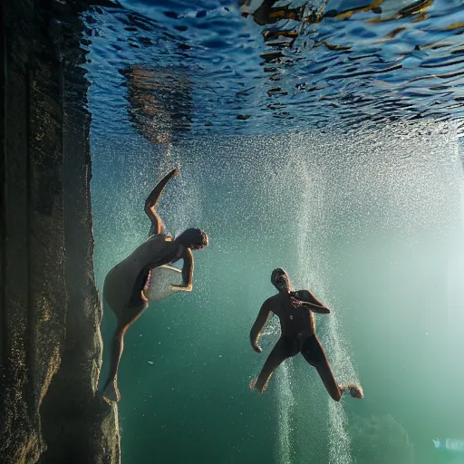 Image similar to a photograph of people diving in the waterfilled limestone quarry in gronhogen, oland, sweden, summertime, magical light