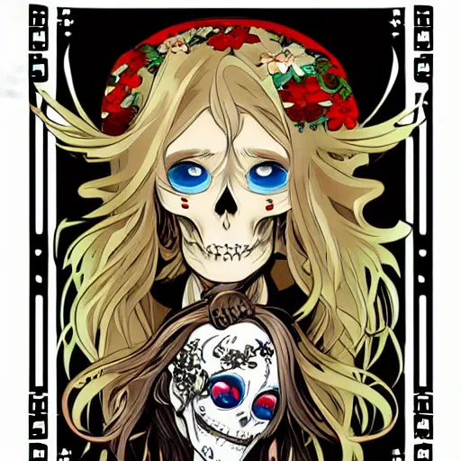 Prompt: anime manga skull portrait woman face flowing hair skeleton illustration style by Alphonse Mucha and Takashi Murakami pop art nouveau