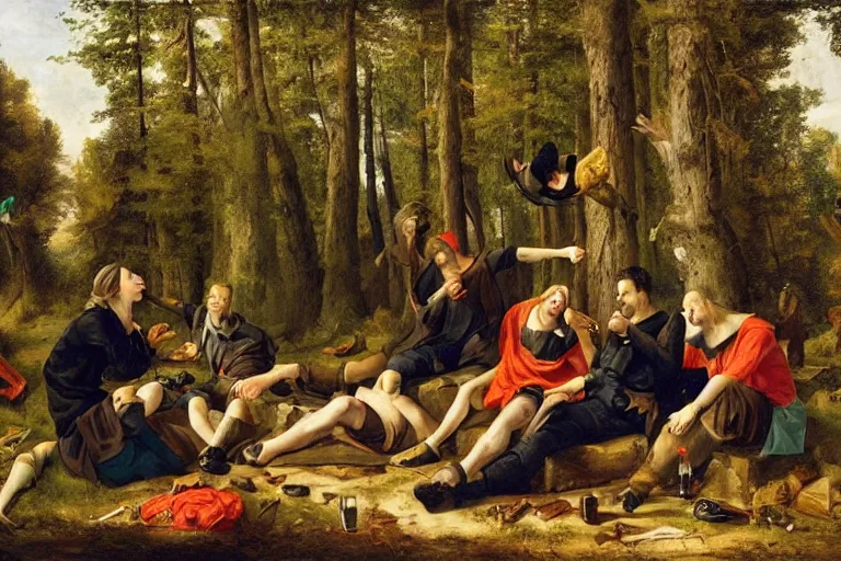 Image similar to mid - thirties guys binge drinking in a forest, in the style of skovgaard