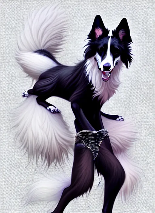 Image similar to full body digital painting of a cute male anthropomorphic border collie fursona wearing a mesh shirt, furaffinity, intricate, elegant, beautiful, fantasy, highly detailed, trending on artstation, art by charlie bowater and henry asencio and and ross tran