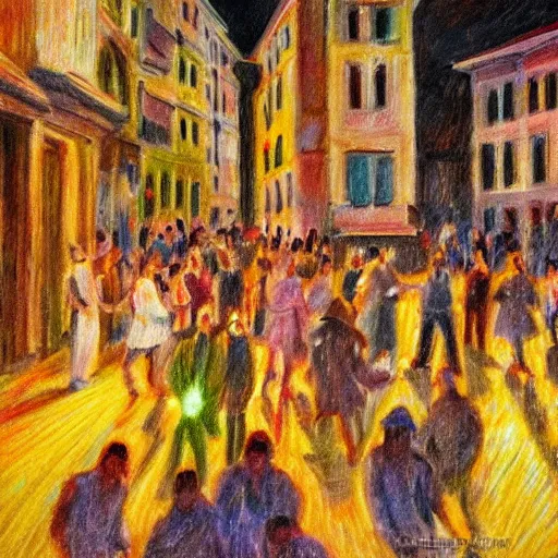 Prompt: impressionist drawing of a strobo lights party in the streets of an old south italy town, hig definition, many people dancing