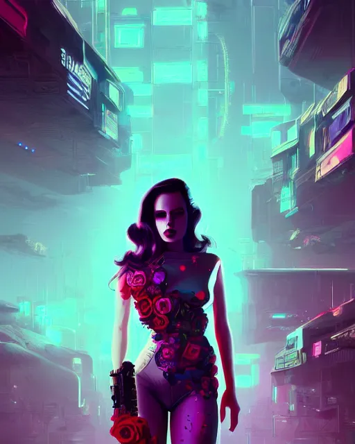 Image similar to portrait of lana del rey as a cyberpunk cyborg. roses, sci - fi, missing panels, intricate abstract upper body intricate artwork, by tooth wu, wlop, beeple, dan mumford. concept art, octane render, deviantart, greg rutkowski, cinematic, key art, hyperrealism, iridescent accents