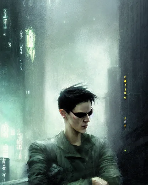 Image similar to battle hardened, overpowering, pragmatic, charismatic character from the matrix, face centered portrait, confident, ruined cityscape, sterile minimalistic room, architecture, fog, volumetric lighting, illustration, perfectly shaded, greenish tinge, cold lights soft painting, art by krenz cushart and wenjun lin