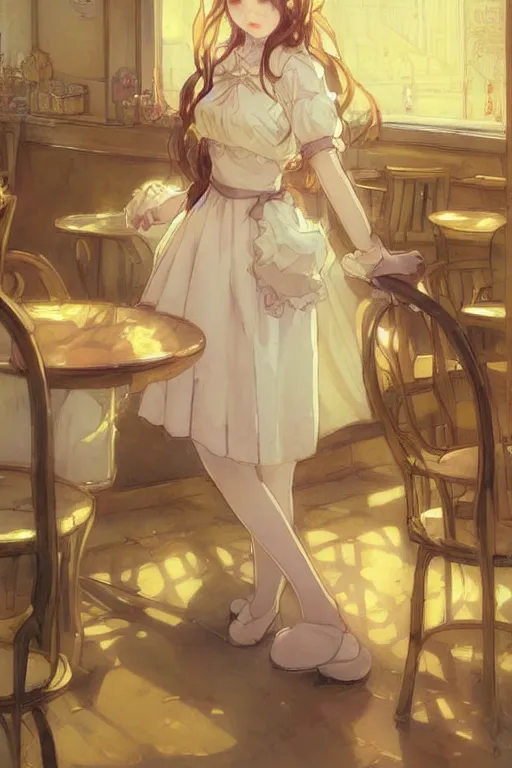 Image similar to A girl in a maid's outfit in a cafe a afternoon, wavy hair yellow theme,S line,45 angel by krenz cushart and mucha and anmi and greg rutkowski