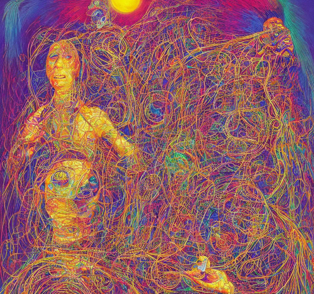 Prompt: native shaman guiding you through an ayahusca spirit world journey by peter max and hayao miyazaki and peter gric, highly detailed, sacred geometry, mathematics, snake, vibrant, water, energy waves, psychedelic experience