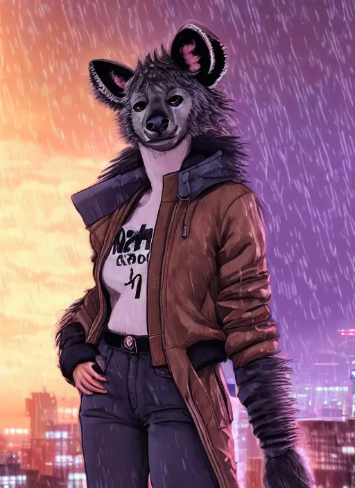 Image similar to character portrait of a female anthro hyena fursona with a cute beautiful attractive furry face and long black curly hair wearing a police bomber jacket in a cyberpunk city at night while it rains. hidari, color page, tankoban, 4K, tone mapping, Akihiko Yoshida.
