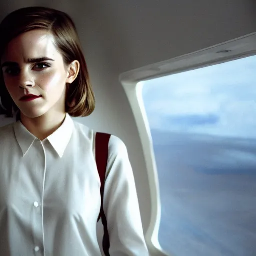 Image similar to emma watson, inside airplane, film still, fujifilm reala