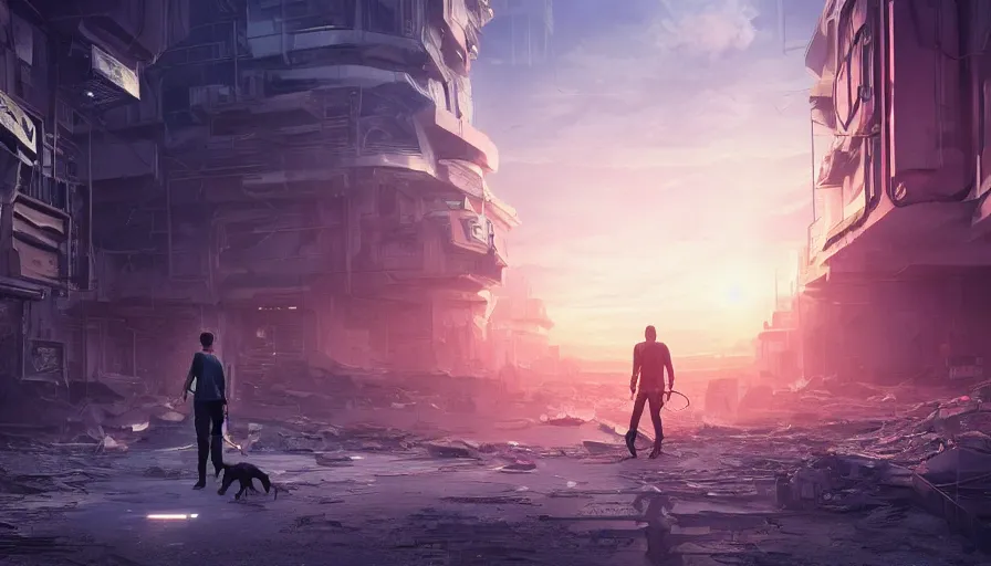 Image similar to man walking his dog in an abandoned futuristic city covered by vegeration, sunset, bright light, hyperdetailed, artstation, cgsociety, 8 k