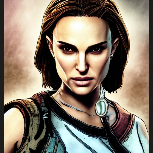 Image similar to natalie portman portrait, borderlands, tales from the borderlands, the wolf among us, comic, cinematic lighting, studio quality, 8 k