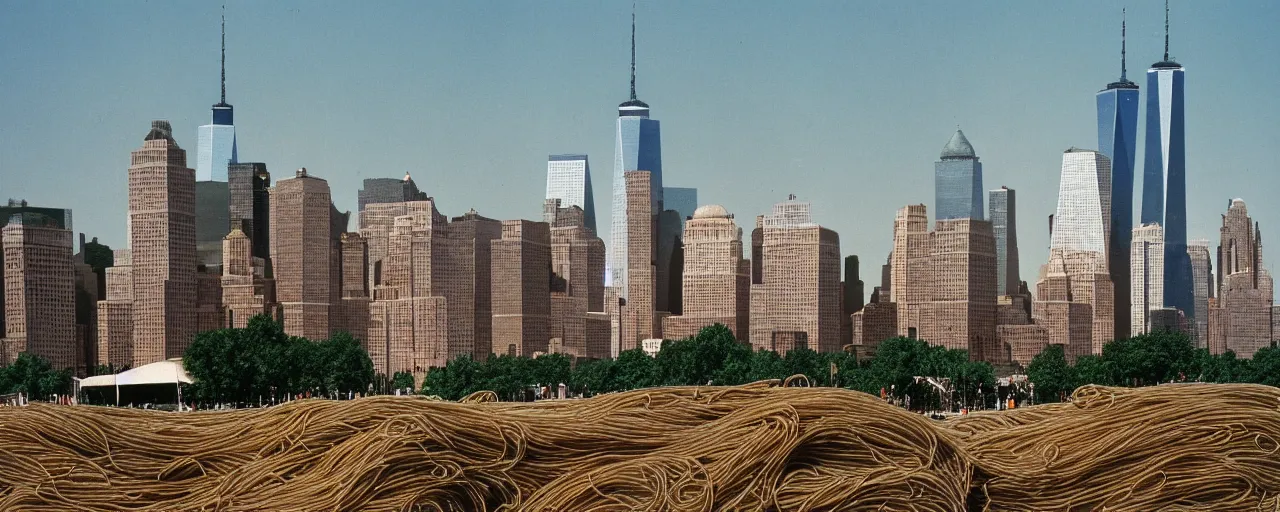 Prompt: spaghetti stand with the world trade center in the distance, growing out of the dirt, kodachrome, in the style of wes anderson, retro