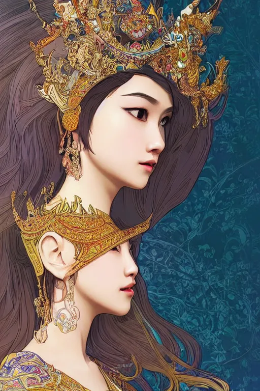 Prompt: beautiful and detailed digital illustration of thai princess by kittichai rueangchaichan and Ilya Kuvshinov, floralpunk, Artstation, art nouveau aesthetic, Alphonse Mucha background, intricate details,concept art, realistic, dramatic