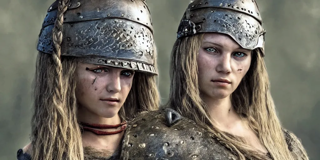 Image similar to a beautiful viking female warrior, realistic, highly detailed.