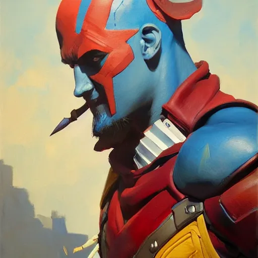 Image similar to greg manchess portrait painting of yondu udonta as overwatch character, medium shot, asymmetrical, profile picture, organic painting, sunny day, matte painting, bold shapes, hard edges, street art, trending on artstation, by huang guangjian and gil elvgren and sachin teng