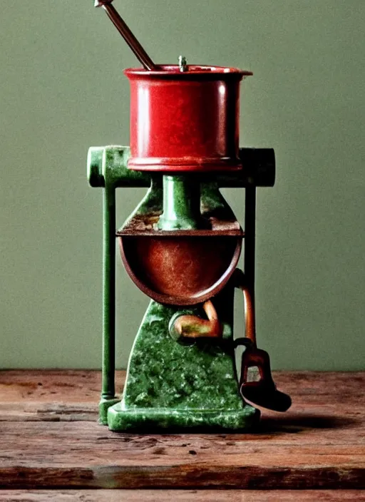 Prompt: a rusty vintage meat grinder full of mustard and ketchup on a green marble table