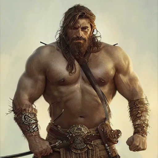 Prompt: portrait of a young, ruggedly handsome warrior, soft hair, muscular, half body, leather, hairy, d & d, fantasy, intricate, elegant, highly detailed, digital painting, artstation, concept art, smooth, sharp focus, illustration, art by artgerm and greg rutkowski and alphonse mucha