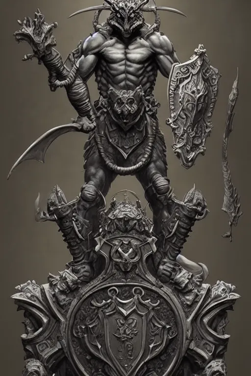 Prompt: a detailed full body portrait gargoyle guardian in stone, hell knight, relief statue, holding shield, symmetry, symmetrical, by greg rutkowski and justin gerard, digital art, monstrous, art nouveau, baroque style, realistic painting, very detailed, fantasy, dnd, character design, trending on artstation