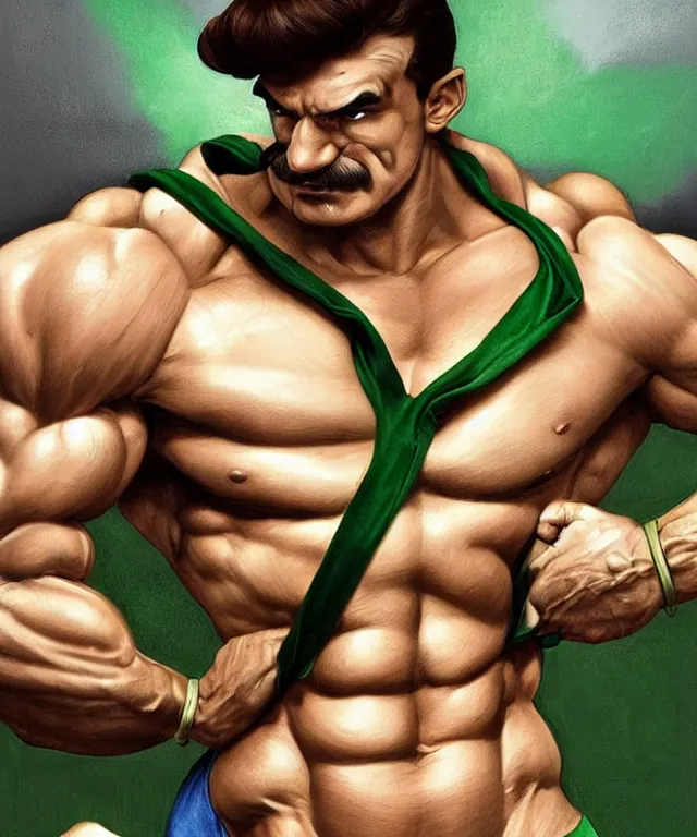 Image similar to muscular luigi wearing a green jumpsuit pumping iron in a dingy gym by ilya kuvshinov, bodybuilder ernest khalimov, super mario bros symmetrical face concept art, hyper realistic, intricate, elegent, highly detailed, digital painting, concept art, smooth, sharp, focus, illustration, art by artgerm and greg rutkowski and alphonse mucha, artstation