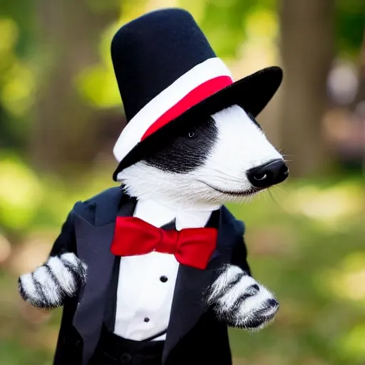 Prompt: badger wearing black tuxedo, red tie and a black tophat with a white stripe