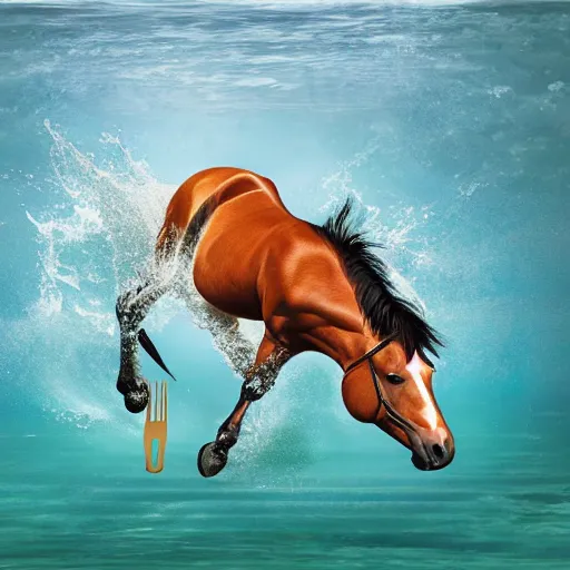 Image similar to horse swimming in the ocean with fork and knife, photorealistic, high detail