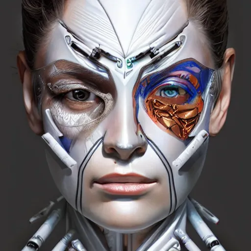 Image similar to humanoid woman cybernetic concept by sandra chevrier and irakli nadar and alexandre ferra, intricate linework, white porcelain skin