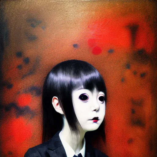 Image similar to yoshitaka amano blurred and dreamy realistic three quarter angle portrait of a young woman with black lipstick and black eyes wearing dress suit with tie, junji ito abstract patterns in the background, satoshi kon anime, noisy film grain effect, highly detailed, renaissance oil painting, weird portrait angle, blurred lost edges