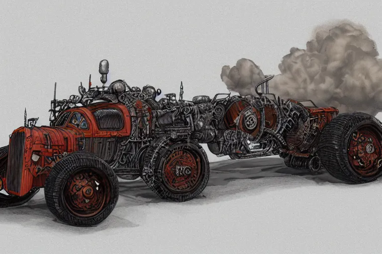 Image similar to hellfire engine strokeed by the echo, mad max, in the style of hannes bok and doug chiang and vernon grant, trending on artstation, back lighting rear view steampunk, blueprint, muted colors, gothic, tachisme