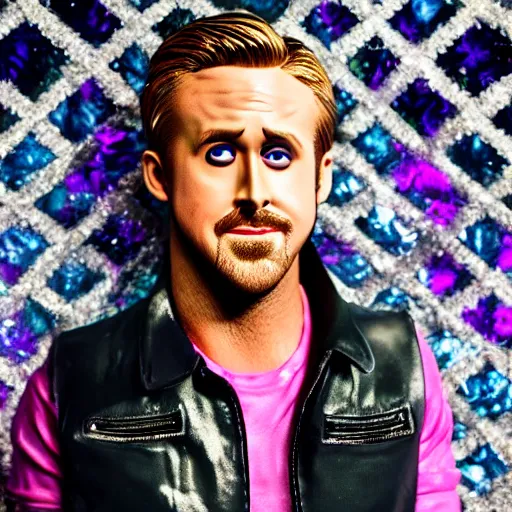 Image similar to Ryan Gosling with silver-violet hair, white eyes inflated press and denim glittery vest, wide lens, diorama, 4k,