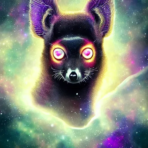 Image similar to Geometric symmetrical lemur with galaxy eyes in space, nebula in the background, intricate, elegant, highly detailed, digital painting, artstation, concept art, smooth, sharp focus, illustration, art by artgerm