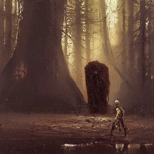 Prompt: painting by jakub rozalski of a muddy rooted humanoid creature with a big hole in the head