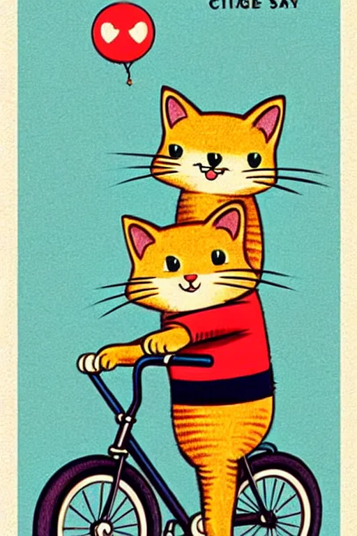 Image similar to by richard scarry!!!!!!!!!!!!!!!!!!!!!!!!!!! a cat riding a bike. a 1 9 5 0 s retro illustration. muted colors, detailed