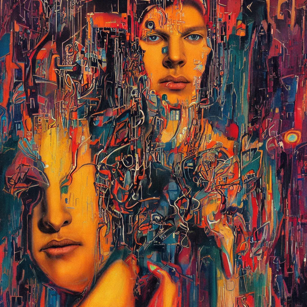 Prompt: 8 0 s art deco close up portait of a man with spiral eyes, rain like a dream oil painting curvalinear clothing cinematic dramatic cyberpunk textural fluid lines otherworldly vaporwave interesting details fantasy lut epic composition by basquiat zdzisław beksinski james jean artgerm rutkowski moebius francis bacon gustav klimt