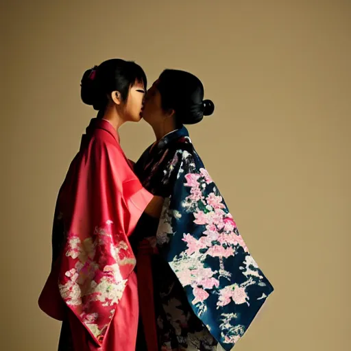Prompt: beautiful japanese model in half open kimono kissing another girl on cheek, dark mood, silhouettes