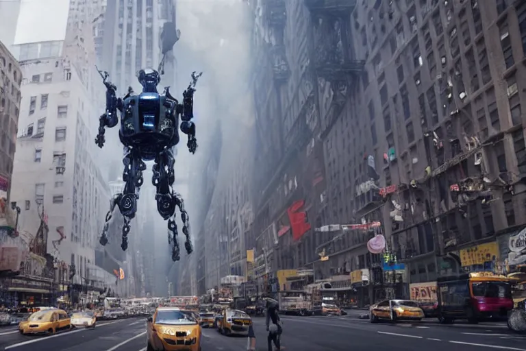 Image similar to VFX movie of a flying dark futuristic robot hero with 6 arms levitating on New York street, steam vent, by Emmanuel Lubezki