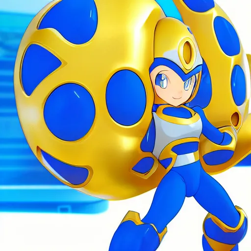 Prompt: mega man's kid sister. highly detailed 3 d render, anime, no helmet, long blue hair on her head, gold armor by john romita jr and david finch