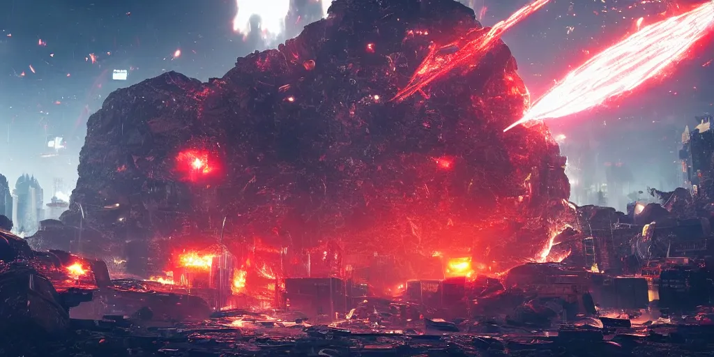 Image similar to a huge towering and broken stone tablet with red light + alien pattern, stands in the center of a prosperous city at the end of the world, and the power and energy is explode, secret, mysterious, doomsday, landscape, video game control, quantum break, arknights,