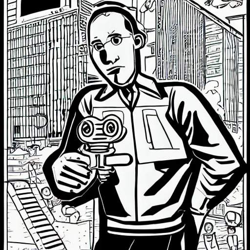 Prompt: a man holding bolt cutters. childrens coloring book, chris ware, nick drnaso, stylised graphic novel, black and white, coloring pages