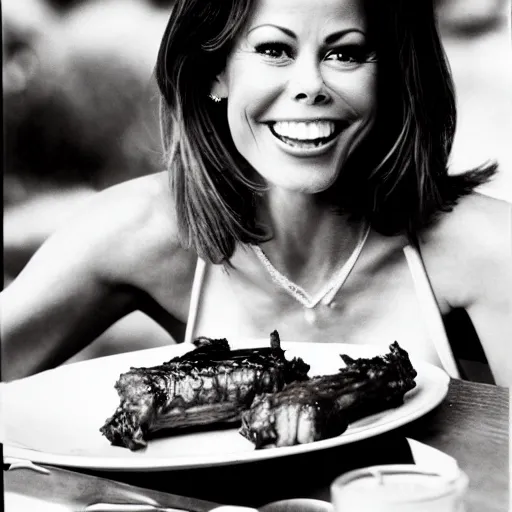 Prompt: Brooke Burke eating bbq ribs, closeup, intricate, elegant, highly detailed, photographed by ansel adams, sharp focus, black and white photography