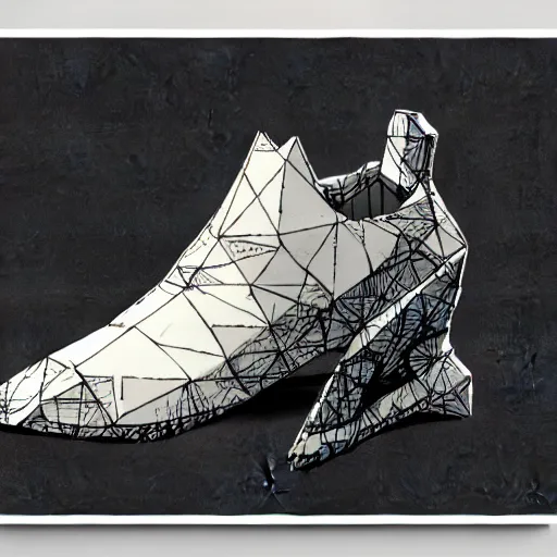 Image similar to low poly 8 k render damaged shoe, conceptual, intricate detailed painting, illustration sharp detail, manga 1 9 9 0