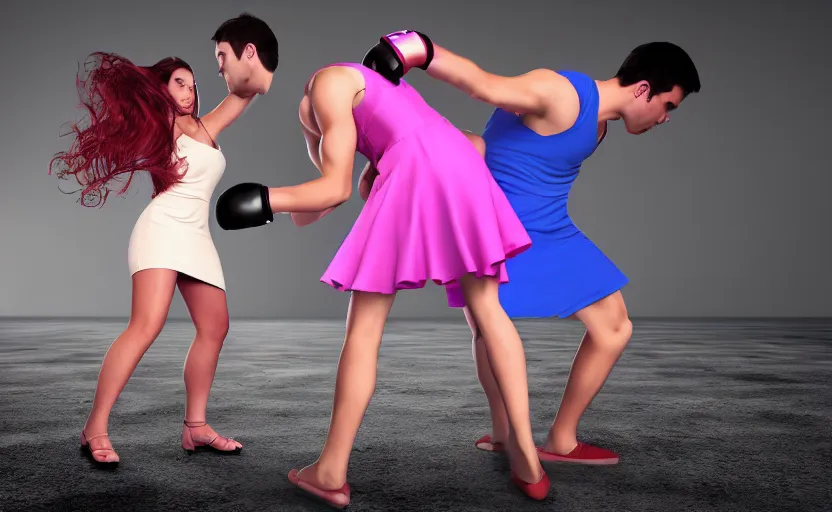 Image similar to a girl beats a man in a short dress, no blur, 4 k resolution, ultra detailed