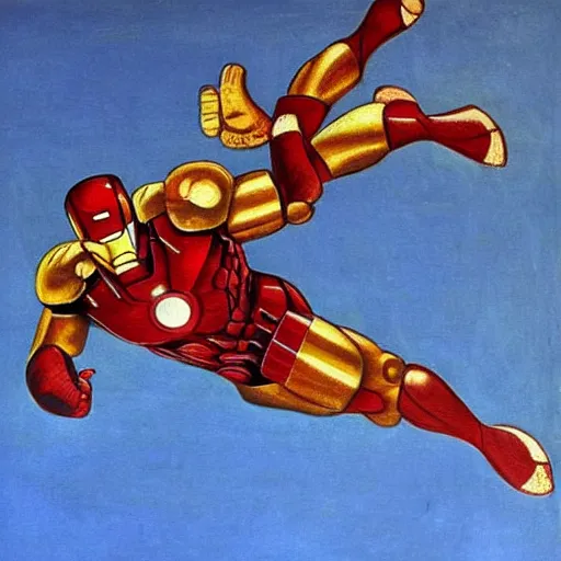 Image similar to hellenistic greece painting of ironman flying across the coliseum