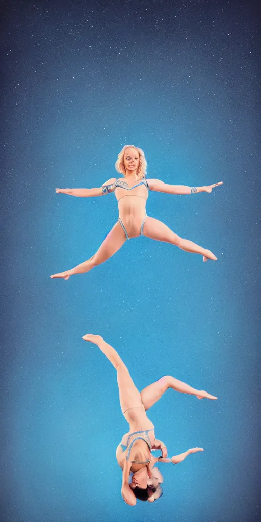 Prompt: painting of a short hair blond girl doing Aerial dance, blue cloth, cosmic, 8k, volumetric light