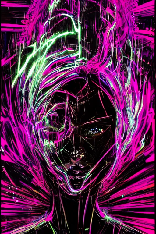 Prompt: portrait, headshot, digital painting, an beautiful, crazy techno - shaman lady, wink, synthwave, glittery reaction diffusion pattern, glitch, glassy fracture, realistic, hyperdetailed, dripping, blacklight, chiaroscuro, concept art, art by syd mead