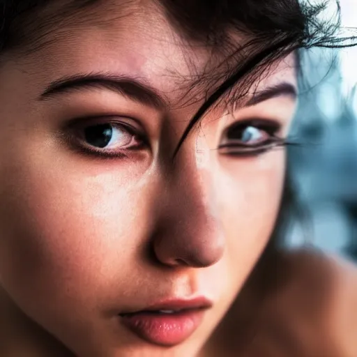 Prompt: an amazing photo, extreme close-up of the face of a young woman exercising, award winning photo, very detailed, cinematic, beautiful lighting effects