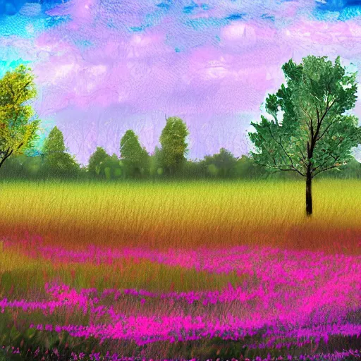 Prompt: A grass field littered with trees and flowers , it is raining, digital art, oil painting