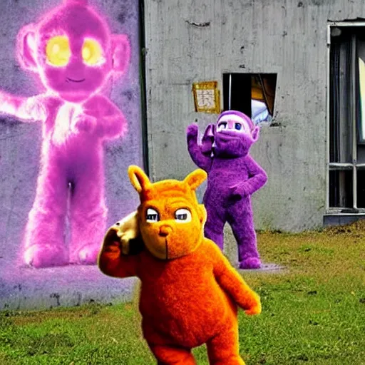 Image similar to Barney at war with mutant furry teletubbies in abandoned radiated graffiti town