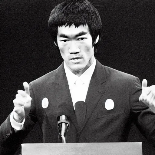 Prompt: bruce lee is the president of the united states, 2018 state of the union, wearing a suit, giving a speech, podium, bruce lee, congress watching