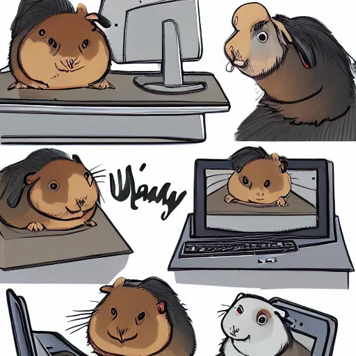 Prompt: illustration guinea pigs using computers in the style of Wanda Gág, trending on artstation, sketch