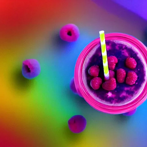 Image similar to raspberry, blueberry, vanilla smoothie explosion, intricate complexity, inverted neon rainbow drip paint, trending on art station, photoreal, 8 k, octane render