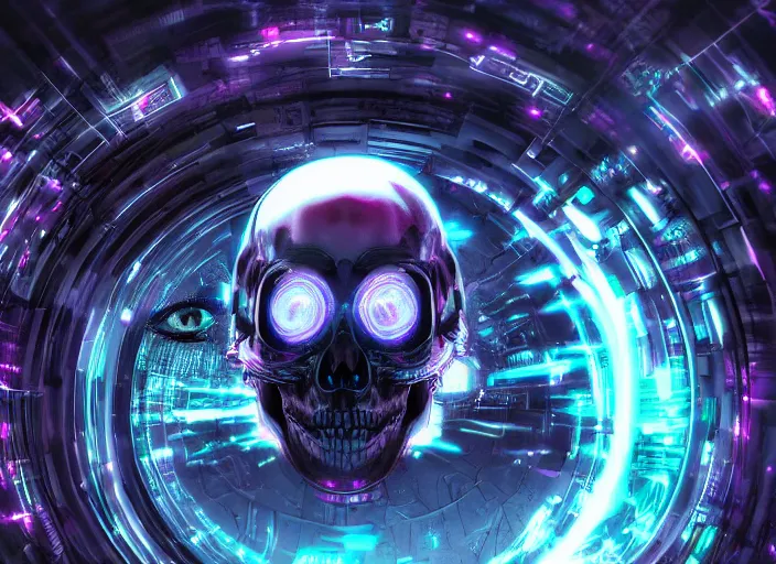 Prompt: a futuristic skull with glowing eyes and a wormhole tunnel, cyberpunk art by james cameron, behance contest winner, computer art, darksynth, synthwave, rendered in cinema 4 d